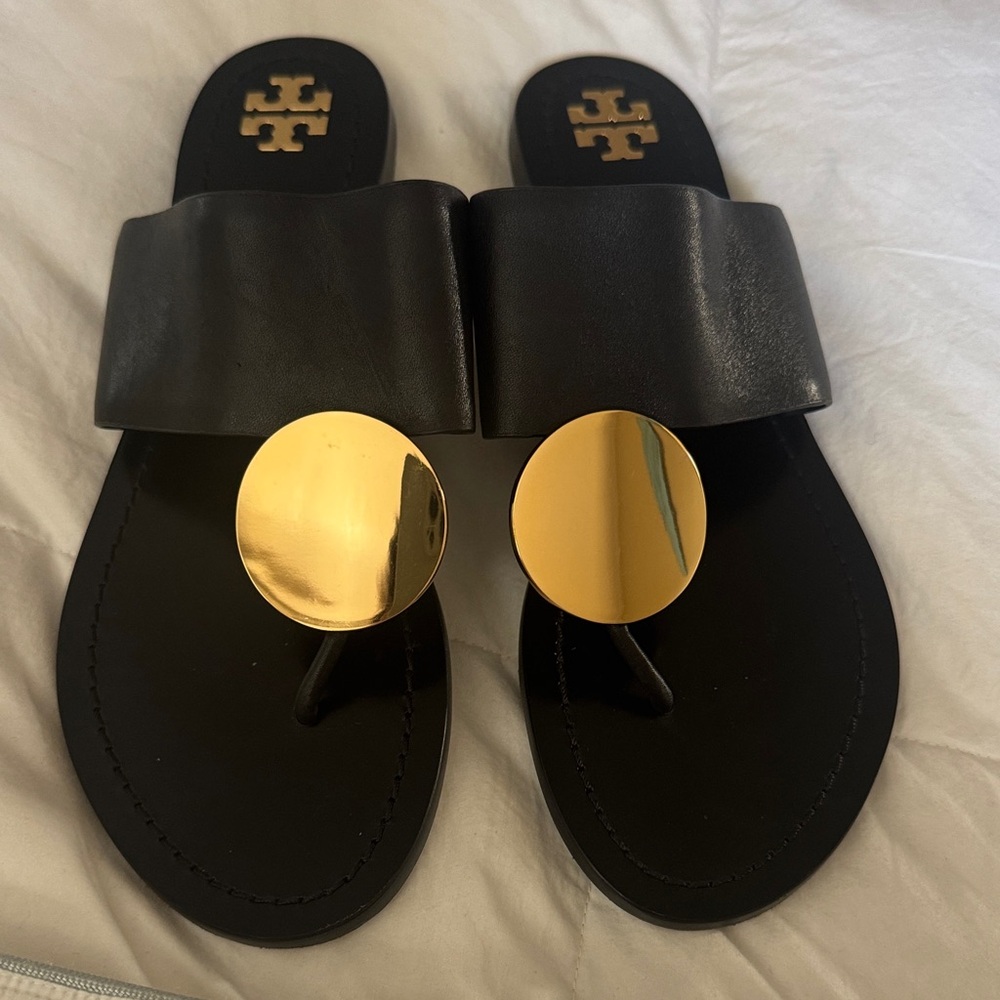 Tory Burch Black Sandals with Gold Accents